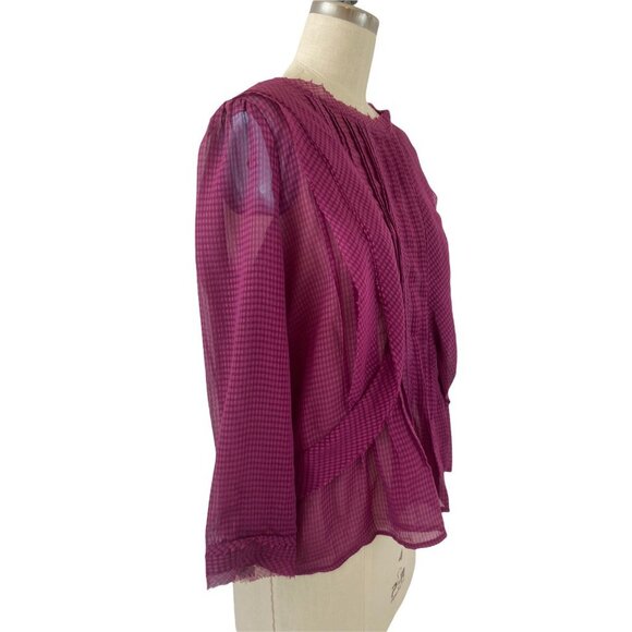 Anthropologie HD in Paris Swing Top Size 4P Blouse Sheer Check Tiered Fuschia - Picture 2 of 6